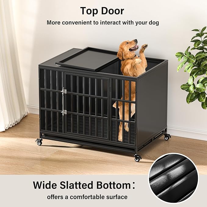 42 inch Heavy Duty Dog Crate with Self-Locking Latch, Indestructible Steel Large Kennel with Enclosed Design, Chew-Proof and Escape-Proof Pet Cage for High Anxiety Dogs-Mewly Pet