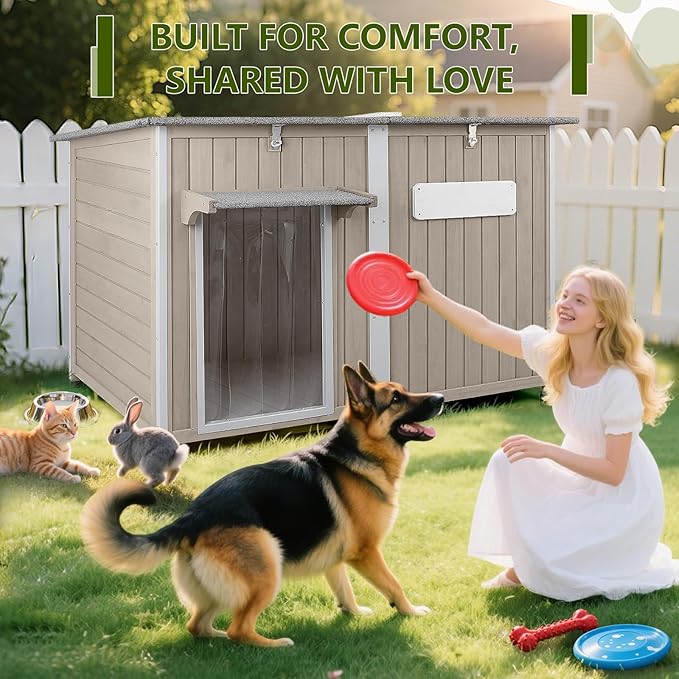 Large Dog House Outdoor XL Wooden Dog House with Weatherproof Asphalt Roof, Chew-Resistant Frame, Removable Floor, for Medium to Large Dogs Indoor Outdoor Use (Grey, 55.1"L x 33.1"W x 34.8"H)-Mewly Pet