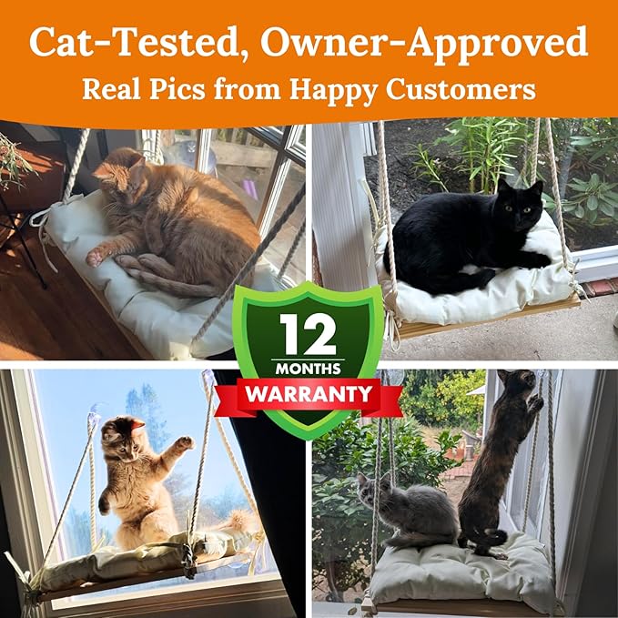 Cat Window Perch - Hammock Bed for Cats Inside - Solid Wood Seat, 4 Strong Suction Cups, Soft Cushion - Rustic Indoor Pet Shelf-Mewly Pet