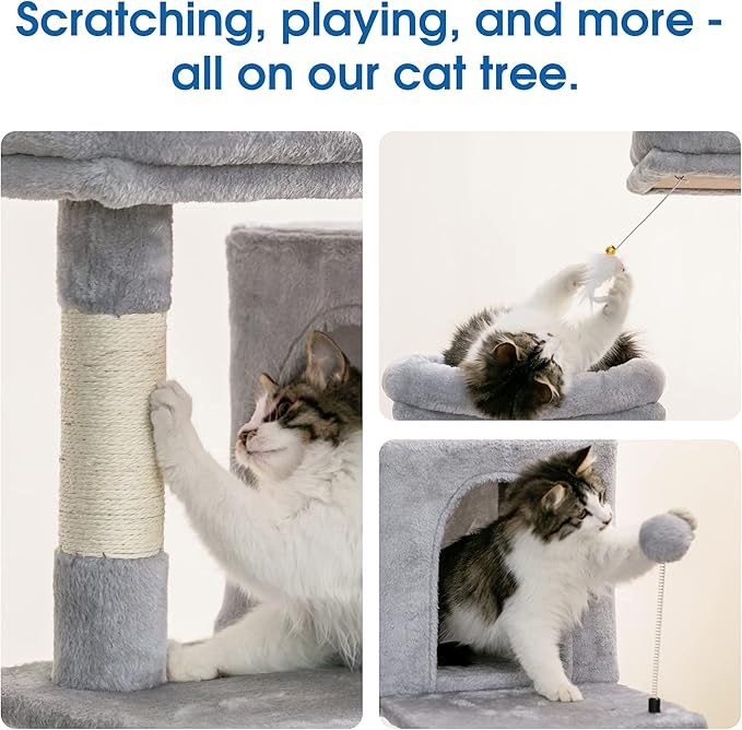 MWPO 70.1-Inch Large Cat Tree, Multi-Level Tall Cat Tower for Indoor Cats, Plush Cat Condo with Big Padded Perches, Sisal-Covered Scratching Posts, Hammock, Toys for Kittens & Cats - Light Grey-Mewly Pet