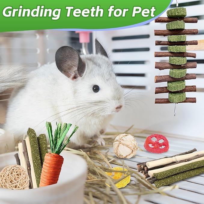 WDEFUN 21-Piece Natural Small Pet Chew Toys Set for Rabbits, Hamsters & Organic Grass Mat, Hay Sticks, Loofah Slices, Wooden Chews & More for Dental Health & Boredom Relief-Mewly Pet