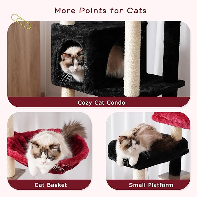 Cat Tree with Tunnel, Cat Tower for Indoor Cats, Tall Gothic Cat Tree Tower with Cat Condo, Food Station, Large Platform, Scratching Posts, Hammock, Black and Red GCT021BR-Mewly Pet
