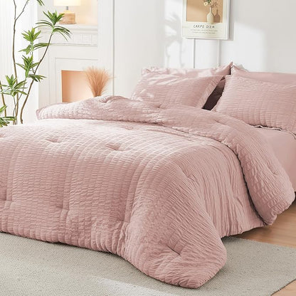 HYMOKEGE Rose Gold California King Comforter Set Seersucker 7 Pieces, All Season Luxury Bed in a Bag Queen for Bedroom, Bedding Set with Comforter, Sheets, Pillowcases & Shams