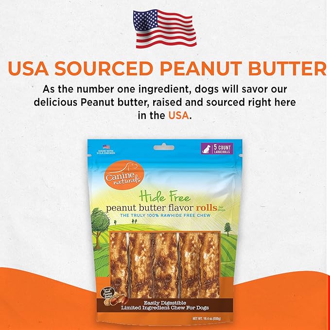 Canine Naturals Peanut Butter Chew - 100% Rawhide Free Dog Treats - Made with Real Peanut Butter - All-Natural and Easily Digestible - 5 Pack of 7 Inch Large Rolls for Dogs 50-75lb-Mewly Pet