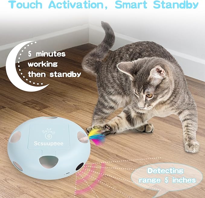 IInteractive Cat Toy, Electric Cat Toys for Moving Concealed Feathers, Smart Sensor 7 Holes Whack a Mole Feather Toy, USB Charge Automatic Kitten Toys,Blue-Mewly Pet