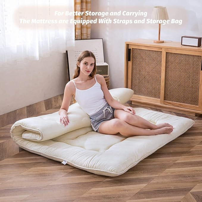 MAXYOYO Japanese Floor Futon Queen Size, Thicken Tatami Mat Sleeping Pad Foldable Roll Up Mattress Trifold Pad Guest Bed, Off White