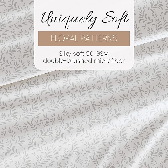 Linen Market Double-Brushed Patterned Microfiber California King Sheet Set 4 Piece – Oeko-TEX Certified Ultra Soft & Wrinkle-Free - 16" Deep Pocket Sheets Easy Care Cal-King Size - Vines Light Gray