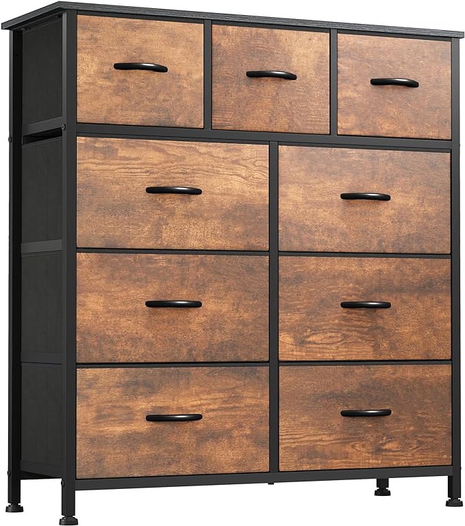 YITAHOME Dresser for Bedroom with 9 Drawers - Fabric Storage Tower, Tall Chest Organizer Unit for Living Room, Entryway, Closets with Sturdy Steel Frame, Wooden Top, Brown