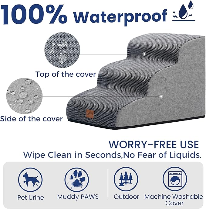 GoGoBunny Ramp Dog Stairs for Couch Sofa and Chair 15.7" H, 3-Step Pet Steps for Small Dogs and Cats, Non-Slip Waterproof Fabric Cover, Stable and Balanced Indoor Step, Pets Friendly, Grey-Mewly Pet