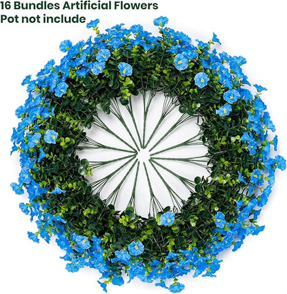 Artificial Faux Flowers for Outdoor 16 Bundles Boxwood Fake Morning Glory for Planter,UV Resistant Fake Flowers for Home Porch Patio Outside（Blue）