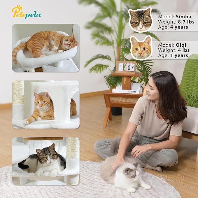 PETEPELA 45.7" Cat Tree for Large Cats, 5-Level Cat Tower for Indoor Cats with Large Hammock (17.3"x15.3"), Cat Condo with (18.5"x13") Big Top Perch & 4 Sisal Covered Scratching Post, White-Mewly Pet