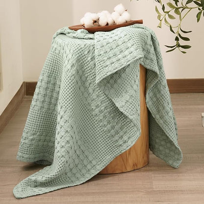 PHF 100% Cotton Waffle Weave Throw Blanket, Soft Lightweight Breathable Cozy Throws for Couch Bed Sofa, Luxury Aesthetic Woven Blanket for Home Decor & Office, 50"x60", Mint Green