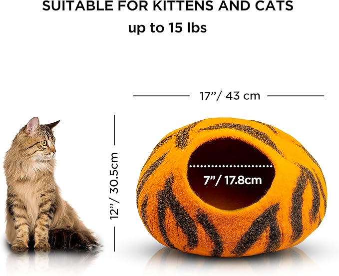 Woolygon Premium Felt Cat Cave Bed – Wool Kitty Beds Handcrafted Kitten Caves Bed for Indoor Cats - Made from 100% Eco-Friendly Merino Wool, Foldable Cat Hidewawy Covered Cat House Pod-Mewly Pet