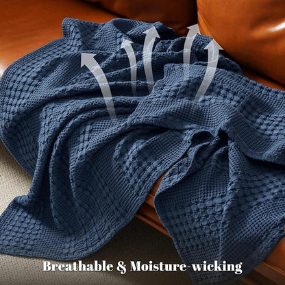 PHF 100% Cotton Waffle Weave Blanket Twin Size for Bed, Soft Lightweight & Breathable, All-Season Comfort, Luxury Aesthetic Woven Bedding for Home Decor, 66"x90", Blue Sapphire