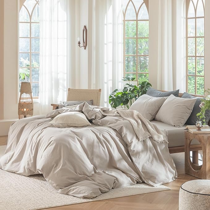 MooMee Bedding Duvet Cover Set 100% Washed Cotton Linen Like Textured Breathable Durable Soft Comfy (Solid Light Tan, Cal King 104"x98")
