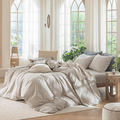 MooMee Bedding Duvet Cover Set 100% Washed Cotton Linen Like Textured Breathable Durable Soft Comfy (Solid Light Tan, Oversized Queen 98"x98")