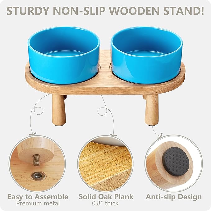Ceramic Elevated Dog Bowls, Pet Food and Water Bowl Set for Large Dogs, 7.5 Cups Dog Bowls Raised with Wood Stand, 61OZ, Blue-Mewly Pet