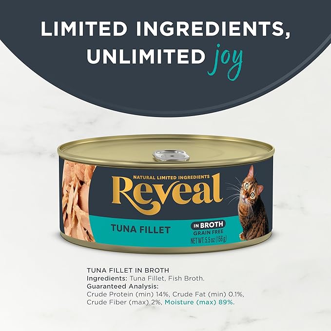 Reveal Natural Wet Cat Food, 12 Count, Grain Free, Limited Ingredient Canned Food for Cats, Tuna Fillet in Broth, 5.5 oz Cans-Mewly Pet