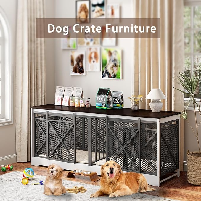 COZPAW 78 Inch Double Dog Crate Furniture, Extra Large Dog Kennel Indoor for Medium Large 2 Dogs, Heavy Duty Dog Cage Chew-Resistant Steel and Wooden Pet House with Removable Divider (White Brown)-Mewly Pet