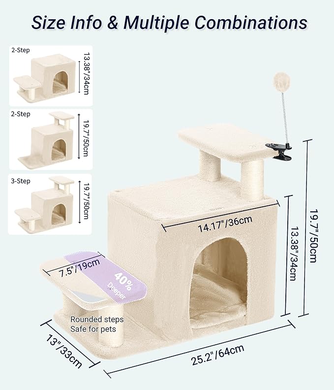 Happi N Pets Dog Stairs with Cat Scratching Post & Large Condo, Stable Pet Steps for High Beds Couch, 3 Combinations Cat Ramp Tree Tower for Cats or Small Dogs, Removable Cushion & Bonus Toy, Beige-Mewly Pet