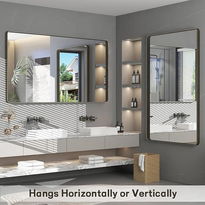 55x36 Bronze Framed Bathroom Mirror, Rectangle Brushed Bronze Metal Vanity Mirror, Large Modern Mirror for Wall, Rounded Corner, Tempered Glass, Anti-Rust, Shatterproof (Horizontal/Vertical)