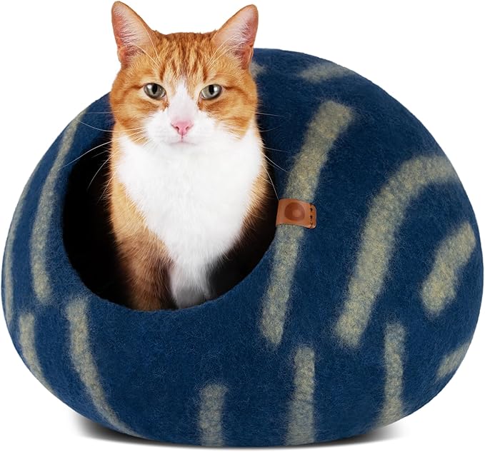 MEOWFIA Cat Cave – Premium Felt Cat Bed for Indoor Cats, Handmade 100% Merino Wool (Medium, Deep Azure)-Mewly Pet