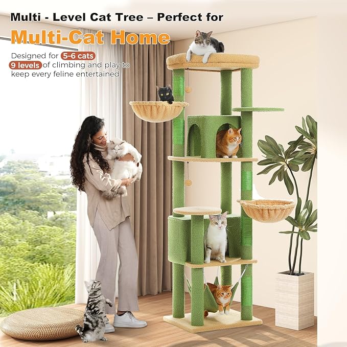 71.2" Large Cat Tree for Multi-Cat Households - 9-Level Cat Tower w/5 Sisal Scratching Posts, 2 Condos, Soft Hammock, Top Perch & Pom Poms - Heavy-Duty Space-Saving Design, Cactus Green-Mewly Pet