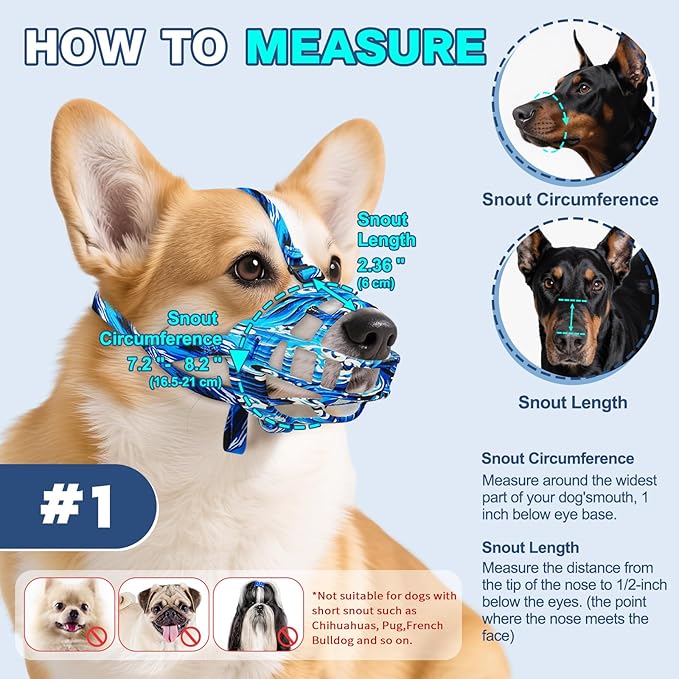 Basket Muzzle to Prevent Biting, Dog Muzzle for Large Medium Small Dogs Allows Panting Drinking Anti Chewing, Perfect for Grooming Trimming Training and Aggressive Reactive Dogs (Blue, Size 1)-Mewly Pet