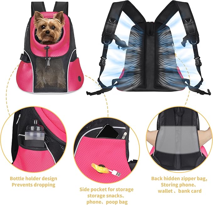 WOYYHO Pet Dog Carrier Backpack Small Dog Front Backpack Ventilated Mesh Dog Travel Back Pack with Safety Belt for Travel Hiking Cycling Outdoor Adventures (Size S: 2-4.5 lbs, Rethink Pink)-Mewly Pet