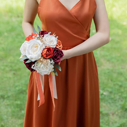 ponatia Burnt Orange Wedding Bouquets for Bride Bridesmaid, Artificial Burgundy Prom Flowers Bouquet for Weddins, Ceremony, Anniversary, 7 Inches
