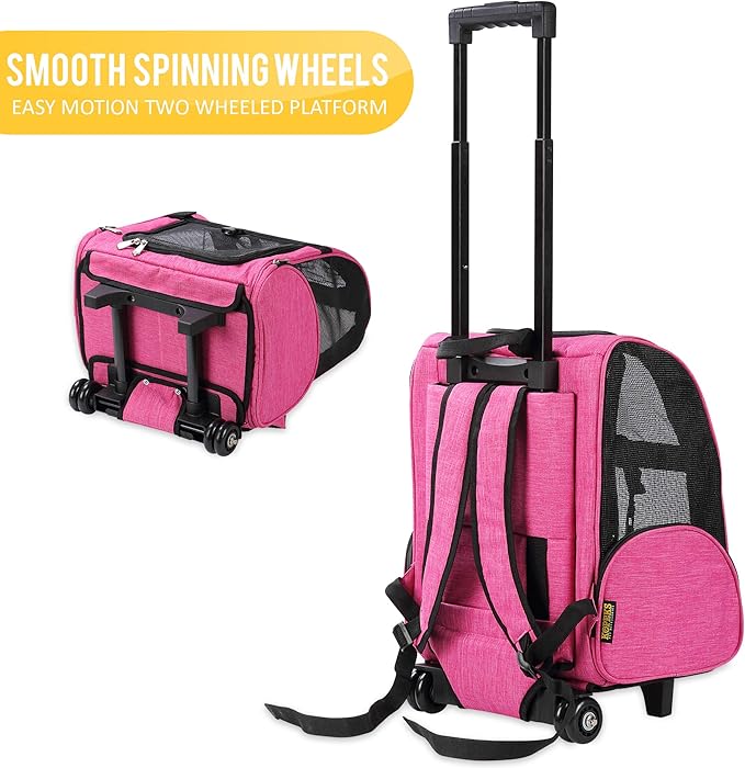 KOPEKS Deluxe Backpack Pet Travel Carrier with Double Wheels for Pets up to 18 Pounds - Pink-Mewly Pet