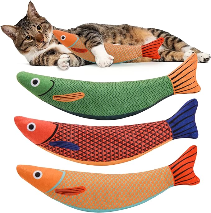 AUSCAT Cat Catnip Toys, 3PCS Catnip Fish Toy for Cats, Cat Kicker Toys with Crinkle Sound, Interactive Plush Soft Cat Toys for Indoor Cats and Kittens-Mewly Pet