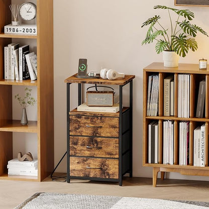 Fixwal Night Stand with 3 Fabric Drawers, Nightstand for Bedroom, Bedside Table with Charging Station End Table with Storage, Rustic Brown