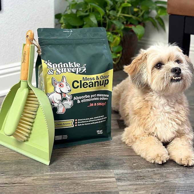 Sprinkle & Sweep Pet Accident Cleanup for all Hard Surface - Non Toxic Quick Pet Mess Cleaner & Odor Remover for Urine, Poop, Vomit, Diarrhea & Potty Training, Hair Balls (1Bag + Sweeper Kit)-Mewly Pet