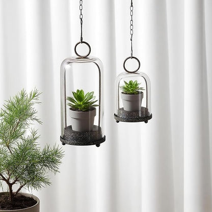 5" & 4" Wide Versatile Metal Candle Holder in Rustic Brown with Handmade Thick & Sturdy Glass Dome Cover for Pillar Candle & Plants, Farmhouse, Shabby Chic Style (2, Brown, Large & Small)