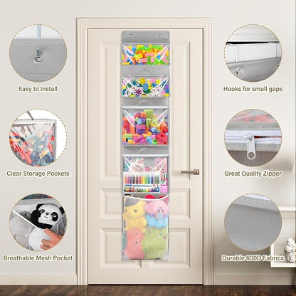 Hanging Toy Storage over Door, Block Stuffed Animal Organizer Idea with 4 Removable Case Bag, Bi-Fold Closet Holder with Mesh Pocket for Kid Boy Girl