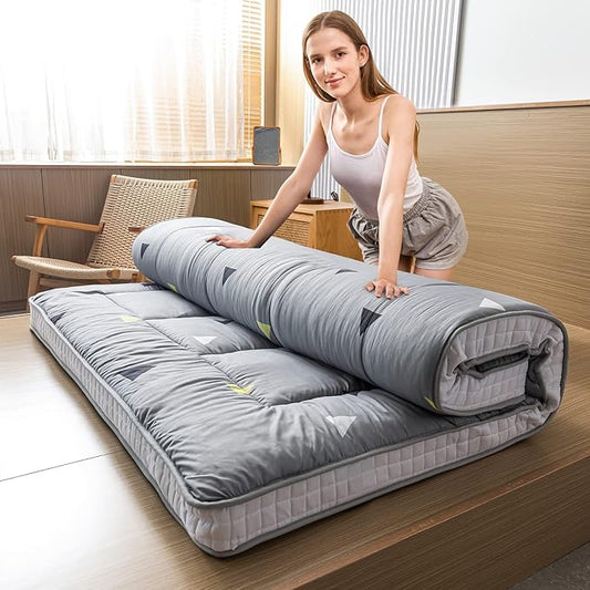 MAXYOYO Grey Triangle Futon Mattress, Japanese Floor Mattress Quilted Bed Mattress Topper, Extra Thick Folding Sleeping Pad Breathable Floor Lounger Guest Bed for Camping, King