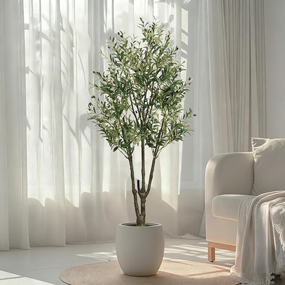 Faux Olive Tree 6ft(74in) Tall Artificial Plant Indoor Decor Large Realistic Potted Fake Modern Greenery with Natural Wood Branches and Green Leaves for Home Living Room,Bedroom,Office Decor.