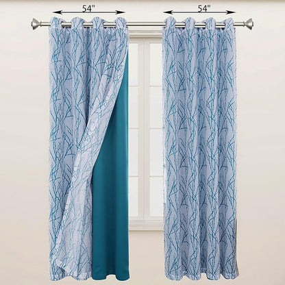 BONZER Mix and Match Curtains - 2 Pieces Branch Print Sheer Curtains and 2 Pieces Blackout Curtains for Bedroom Living Room Grommet Window Drapes, 54x63 Inch/Panel, Teal, Set of 4 Panels