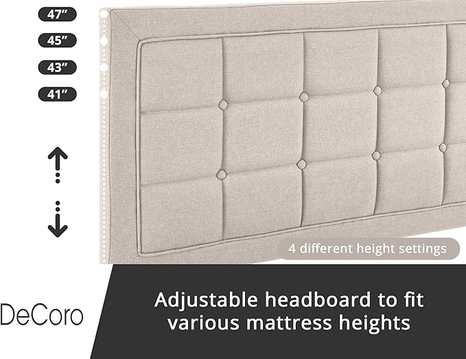 Decoro Mornington Upholstered 2.0 Platform Bed, Button-Tufted Fabric Headboard and Metal Frame with Wood Slat Support, Linen, Queen