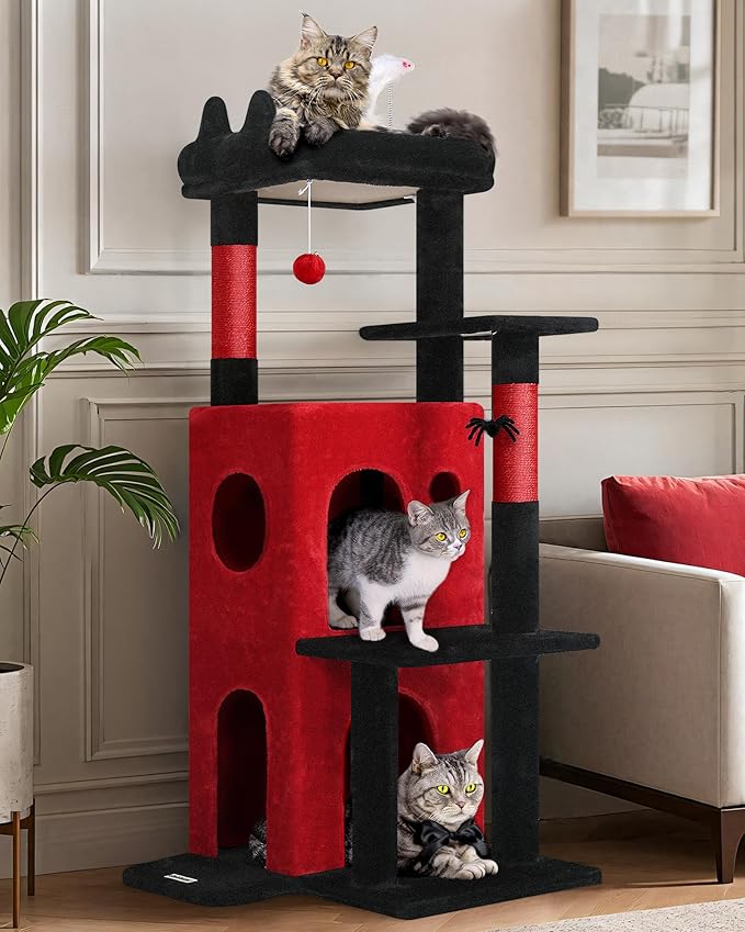 Globlazer Gothic Cat Tree Tower for Indoor Cats, 50-inch Goth Adult Cat Tree House for Large Adult Cats with Steps, Scratching Post, 2 Cat Caves, Dangling Toys, FC50, Blood-Goth-Mewly Pet