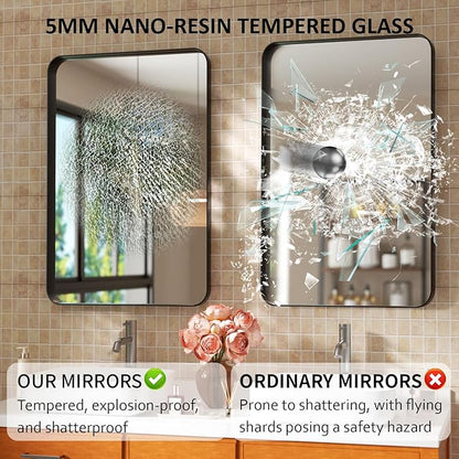 24×36 Black Bathroom Mirrors for Over Sink - Rectangular Wall Mirror with Rounded Corners & Metal Frame, Tempered-Glass Entryway Wall Decor for Bedroom, Living Room, Vanity, Horizontal/Vertical