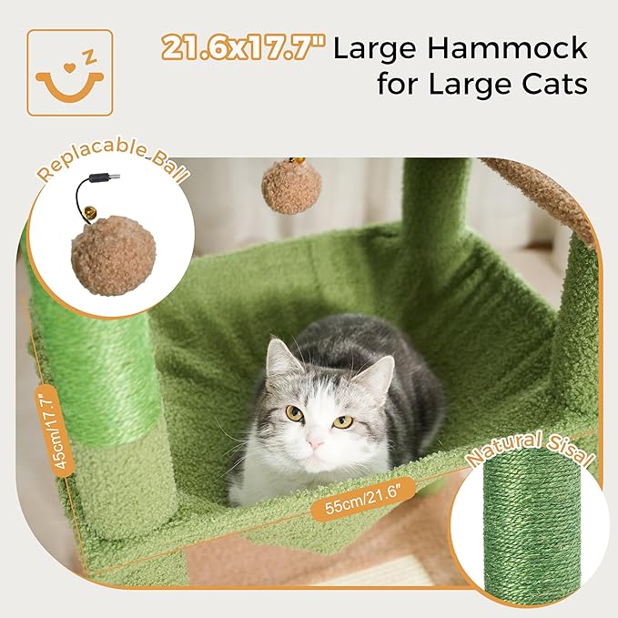 54” Cat Tree for Large Cats Big Cat Tower with Enlarged Hammock 21.6x17.7” Spacious Cats Condo House, Roomy Top Bed,Multiple Scratch Posts and Pad for Indoor Adult Cats (Green, Large-54)-Mewly Pet