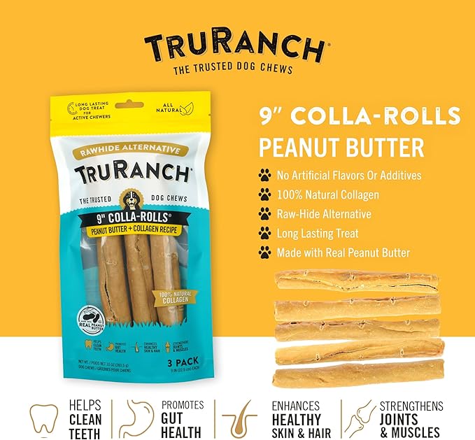 Collagen Rolls - 9" Collagen Rolls for Dogs - Long Lasting Healthy Joint Support Dog Treat - Rawhide Alternative - Skin & Coat Health - Made with Real Peanut Butter, 1 Bag, 3 Count-Mewly Pet