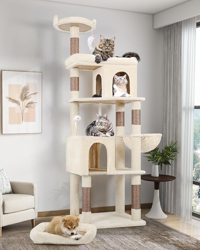 Globlazer Heavy Duty Cat Trees for Large Cats, Sturdy 72in Maine Coon Cat Tree for Large Cat 20 lbs+ Heavy Duty Cat Tower for Adult Biggest Cats with 6 Scratching Posts, Hammock, S72, Beige-Mewly Pet