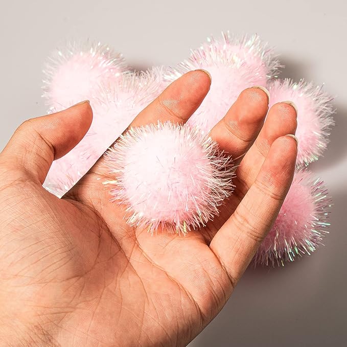 VAPKER 30 Pcs Cat Ball Toys Sparkle Balls Extra Large 2 Inch Cat's Favorite Chase Glitter Ball Glitter Tinsel Pom Poms Balls Light Pink Color-Mewly Pet
