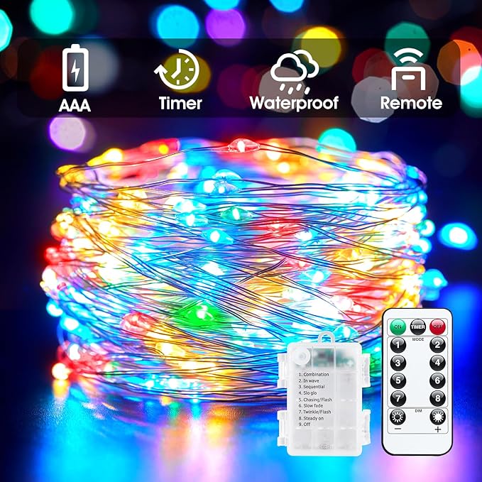 33Ft 100LED Outdoor String Lights, Fairy Lights Battery Operated with Remote, Waterproof Twinkle Lights for Bedroom Dorm Patio Tapestry Backyard Garden Party Indoor Christmas Decoration, Multicolor