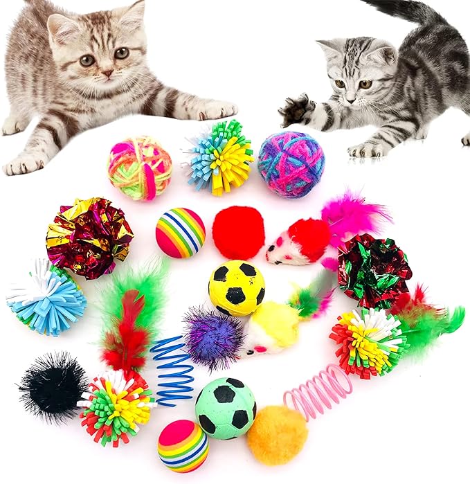 PET SHOW 20Pcs Cats Toys Interactive Kitten Ball Toys Assortments Variety Pack for Indoor Cats Mice Feather Sparkle Crinkle Ball Bells Spring-Mewly Pet