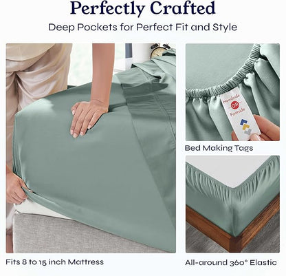 California Design Den Twin XL Sheet Sets - Soft 400 Thread Count Sateen, Natural 100% Cotton Sheets Set with Deep Pockets, Cooling and Durable Bedding - Sage Green