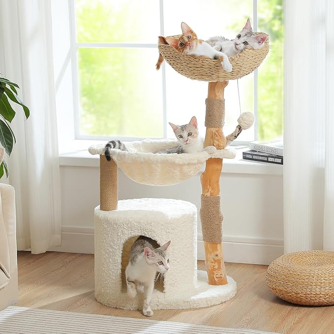 PAWZ Road Modern Cat Tree with Natural Solid Wood Scratching Post, 40 Inches Cat Tower with Spacious Wicker Basket,Large Hammock,Luxury Condo for Indoor Cats-Mewly Pet